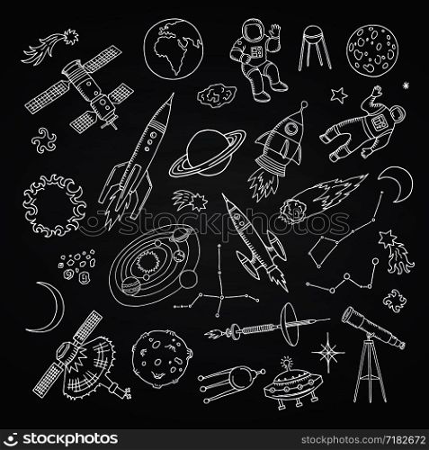 Vector hand drawn space elements rocket and asteroid on black chalkboard illustration. Vector hand drawn space elements on black chalkboard illustration
