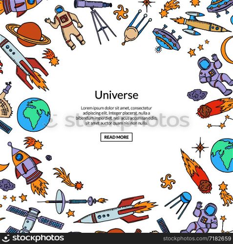 Vector hand drawn space elements rocket and planet background with place for text illustration. Vector hand drawn space rocket background with place for text illustration