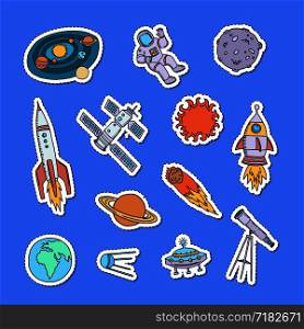 Vector hand drawn space elements stickers set illustration isolated on background. Vector hand drawn space elements stickers set illustration