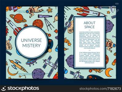 Vector hand drawn space science elements card, flyer or brochure template illustration. Vector hand drawn space science elements card