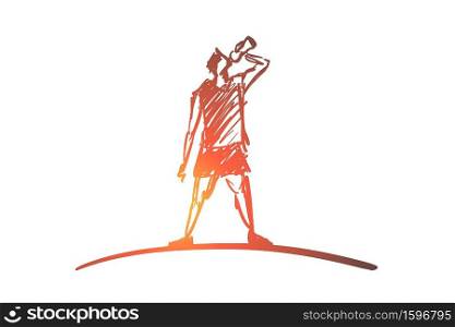 Vector hand drawn sport time concept sketch. Man in sport clothing standing and drinking water from bottle.. Hand drawn man drinking water after sport