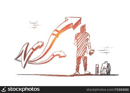 Vector hand drawn street art concept sketch. Boy standing backwards in front af wall and drawing graffiti arrows with spray.. Hand drawn boy drawing graffiti on wall