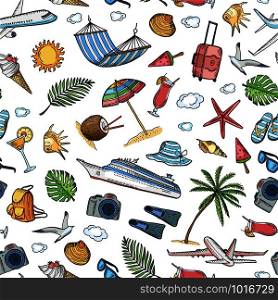 Vector hand drawn summer travel elements background or pattern illustration. Summer pattern seamless, travel and holiday drawing. Vector hand drawn summer travel elements background or pattern illustration