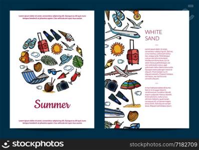 Vector hand drawn summer travel elements card, flyer or brochure template banner and poster illustration. Vector hand drawn summer travel elements card, flyer or brochure template illustration