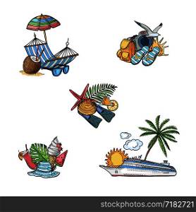 Vector hand drawn summer travel elements illustration. Holiday with umbrella and ice cream, cocktail and fins. Vector hand drawn summer travel elements illustration