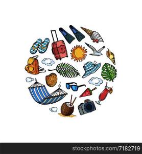 Vector hand drawn summer travel elements in circle shape illustration isolated on white. Vector hand drawn summer travel elements in circle shape illustration