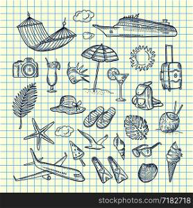 Vector hand drawn summer travel elements on cell sheet illustration. Vector hand drawn summer travel elements