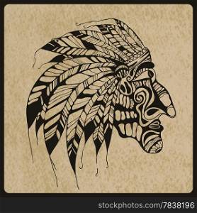 Vector hand drawn Tattoo, Native American Indian chief, rough paper texture