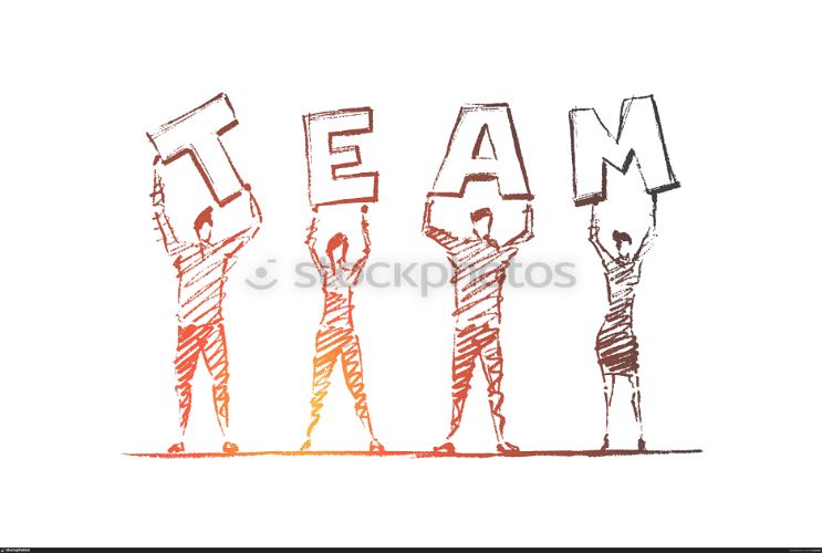 Vector hand drawn team concept sketch. Group of people standing and holding letters of the word TEAM on raised hands.. Vector hand drawn team concept sketch.