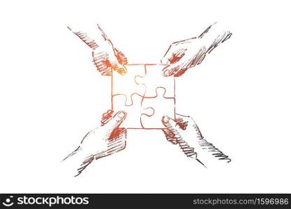 Vector hand drawn teamwork concept sketch. Human hands folding four parts of one puzzle torether.. Hand drawn human hands folding puzzle