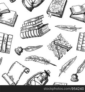 Vector hand drawn theatre elements pattern or background illustration. Books literature backdrop, feather sketching, quill for writing. Vector hand drawn theatre elements pattern or background illustration