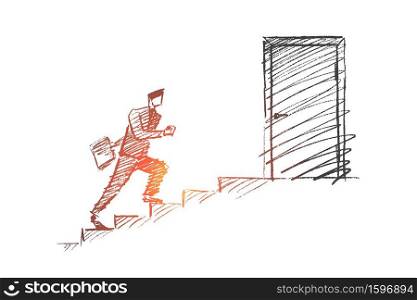 Vector hand drawn time and work concept sketch. Business man in hurry running up the stairs to open office door.. Hand drawn worker is in hurry to office