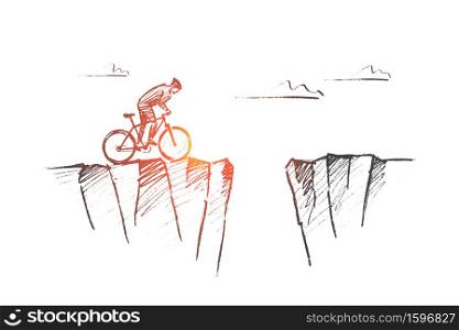 Vector hand drawn time to risk concept sketch. Cyclist riding to edge of mountain and ready to jump to other side over deep pass.. Hand drawn cyclist ready to risk and jump over gap