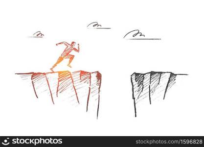 Vector hand drawn time to risk concept sketch. Man running to edge of mountain and ready to jump to other side over deep pass.. Hand drawn running man ready to jump over pass