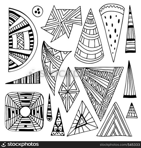 Vector hand drawn triangles for coloring book page or decorations. Geometrical line doodle set.. Vector hand drawn triangles for coloring book page or decorations. Geometrical line doodle set