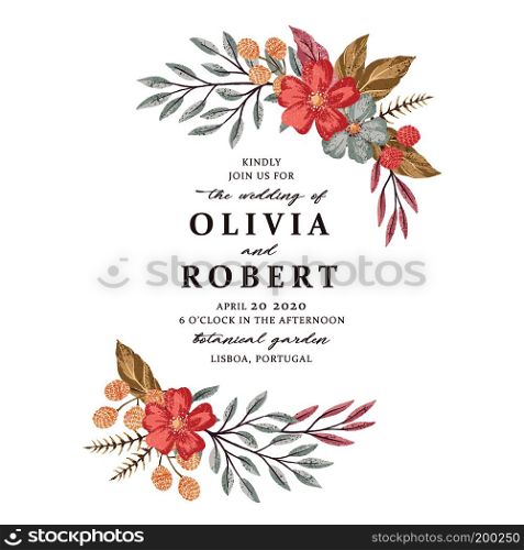 Vector hand drawn wedding floral invitation card design. Save the Date, Greetings, Congrats card