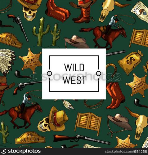 Vector hand drawn wild west cowboy elements background colored pattern with place for text illustration. Vector hand drawn wild west cowboy background with place for text illustration