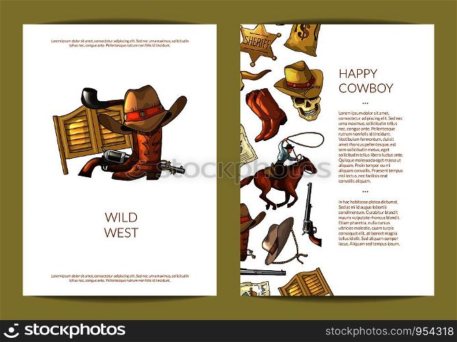 Vector hand drawn wild west cowboy elements card or flyer template illustration. Banner and poster. Vector hand drawn wild west cowboy elements card or flyer template illustration