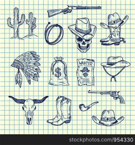Vector hand drawn wild west cowboy elements set on blue cell sheet background illustration. Vector hand drawn wild west cowboy set