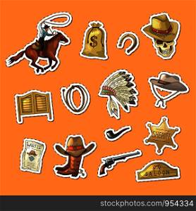 Vector hand drawn wild west cowboy elements stickers set illustration isolated on orange. Vector hand drawn wild west cowboy stickers set illustration