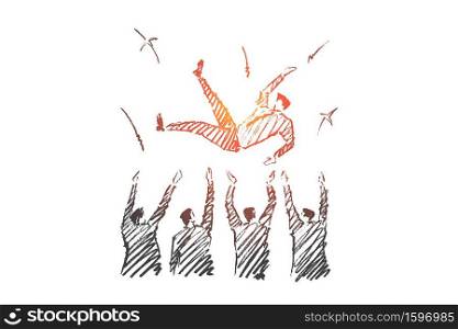 Vector hand drawn Winner concept sketch. Business people greeting and throwing up their leader on raised hands.. Vector hand drawn Winner concept sketch.