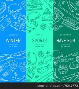 Vector hand drawn winter sports equipment and attributes vertical banner templates. Illustration of winter sport equipment drawing ski and snowboard. Vector hand drawn winter sports equipment and attributes vertical banner templates