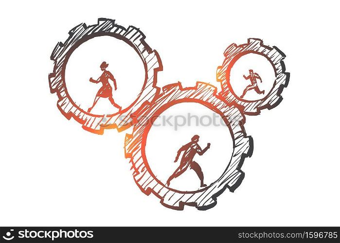 Vector hand drawn work concept sketch with business people running inside of cogwheels. Hand drawn business people running in cogwheels