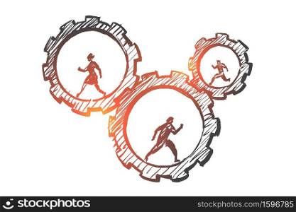 Vector hand drawn work concept sketch with business people running inside of cogwheels. Hand drawn business people running in cogwheels