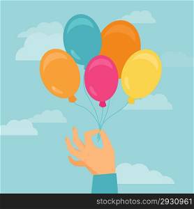 Vector hand holding balloons - greeting card