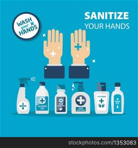 Vector hand sanitizer symbol set,alcohol bottle for hygiene, isolated, sign and icon template.. Vector hand sanitizer symbol, alcohol bottle for hygiene, isolated on blue background, medical illustration.
