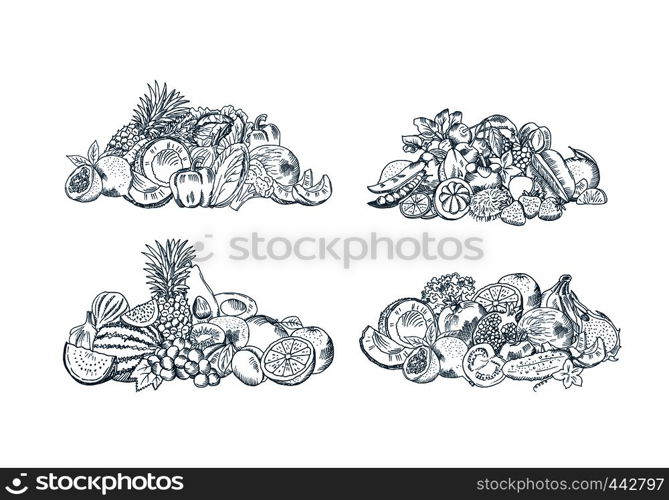 Vector hand sketched fruits and vegetables piles set isolated on white background, Collection of organic food illustration. Vector hand sketched fruits and vegetables piles set isolated on white background