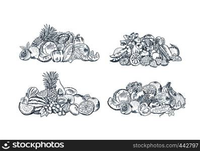 Vector hand sketched fruits and vegetables piles set isolated on white background, Collection of organic food illustration. Vector hand sketched fruits and vegetables piles set isolated on white background