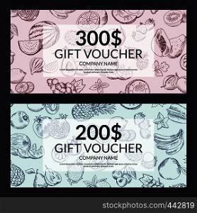 Vector handdrawn doodle fruits and vegetables gift voucher templates. Gift card design illustration. Vector handdrawn doodle fruits and vegetables gift voucher templates