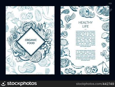 Vector handdrawn fruits and vegetables card, brochure, flyer template. Vector handdrawn fruits and vegetables vegan, healthy food card, brochure, flyer template with frame