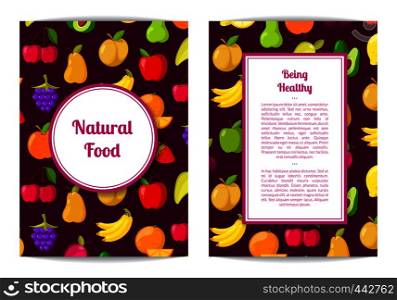 Vector handdrawn fruits and vegetables card, brochure, flyer template. Natural food illustration. Vector flat fruits vegan, healthy food card, brochure, flyer template
