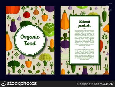 Vector handdrawn fruits and vegetables card, brochure, flyer template. Organic food banner illustration. Vector flat vegetables vegan, healthy food card, brochure, flyer template