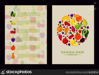 Vector handdrawn fruits and vegetables card, brochure, flyer template. Poster and banner illustration. Vector flat fruits vegan, healthy food card, brochure, flyer template