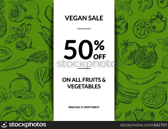 Vector handdrawn fruits and vegetables vegan sale background with shadows illustration. Vector doodle handdrawn farm fresh fruits and vegetables vegan shop sale background