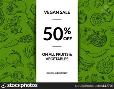 Vector handdrawn fruits and vegetables vegan sale background with shadows illustration. Vector doodle handdrawn farm fresh fruits and vegetables vegan shop sale background