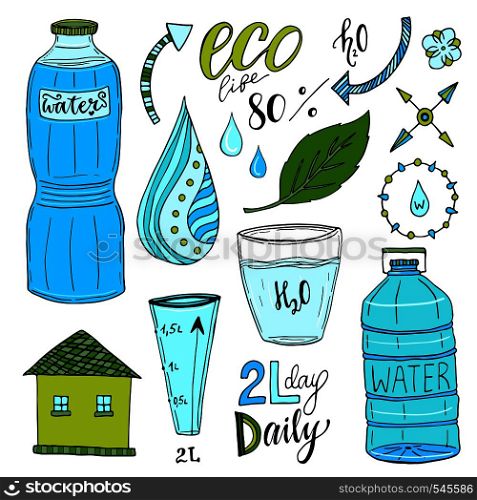 Vector handdrawn set of water and recycle icons. Healthy bright collection with water bottles. Drink more water concept. Vector hand drawn set of water and recycle icons. Healthy bright collection with water bottles. Drink more water concept