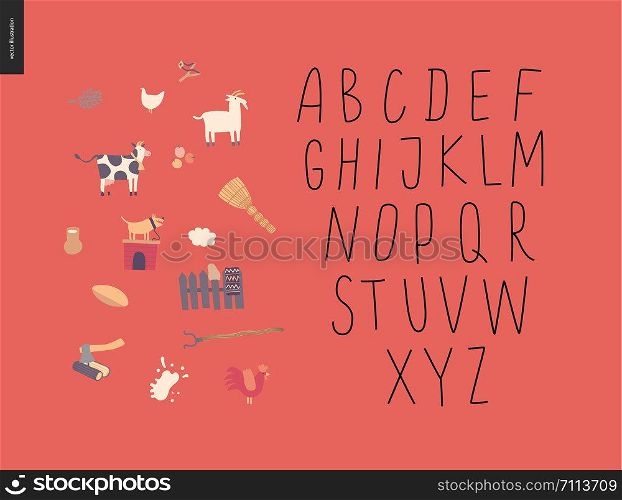 Vector handwritten latin alphabet on the red background with rural elements. Vector uppercase alphabet 2