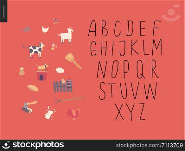 Vector handwritten latin alphabet on the red background with rural elements. Vector uppercase alphabet 2