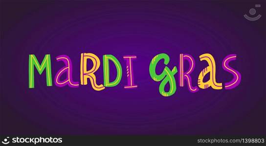 Vector handwritten lettering banner with text Mardi Gras in traditional holiday colors on dark background. vector handwritten lettering Mardi Gras holiday card
