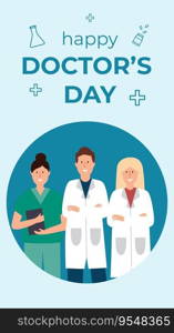 Vector Happy doctor's day greeting card template. Thank you doctor concept illustration. Medical personnel on blue background