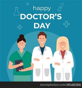Vector Happy doctor's day greeting card template. Thank you doctor concept illustration. Medical personnel on blue background