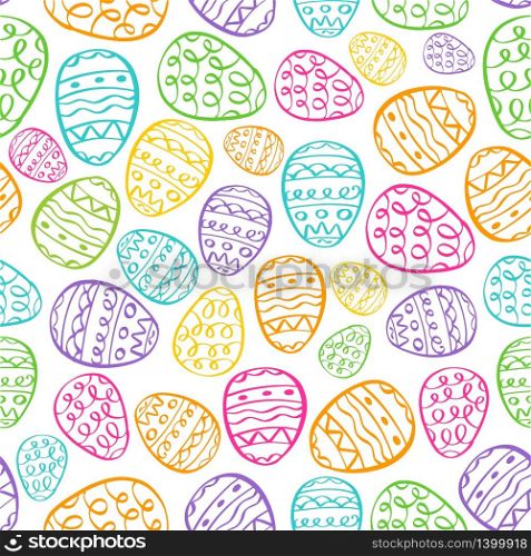 Vector happy easter background. Bright pink, blue, gree, yellow eggs on white cartoon doodle print. Holiday hand drawn seamless pattern. happy easter vector background eggs cartoon doodle seamless pattern