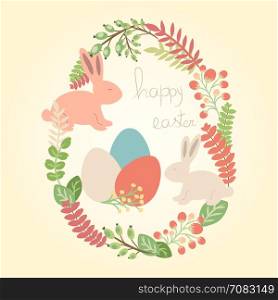 Vector happy easter greeting card with rabbits, eggs and flowers. Holiday design with cartoon elements