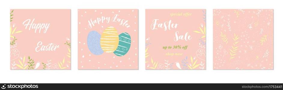 Vector Happy Easter templates square with eggs, flowers and typographic design easter sale, spring seamless pattern. Good for spring and Easter greeting cards and invitations, and social media post. Vector Happy Easter templates square with eggs, flowers and typographic design easter sale, spring seamless pattern.