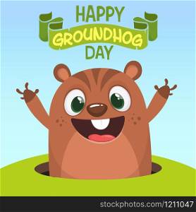 Vector Happy Groundhog day card with cute brown groundhog or marmot or woodchuck isolated on white background. Forecast spring animal in cartoon style for greeting design.