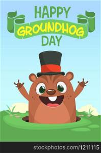 Vector Happy Groundhog day card with cute brown groundhog or marmot or woodchuck isolated on . Forecast spring animal in cartoon style for greeting design.